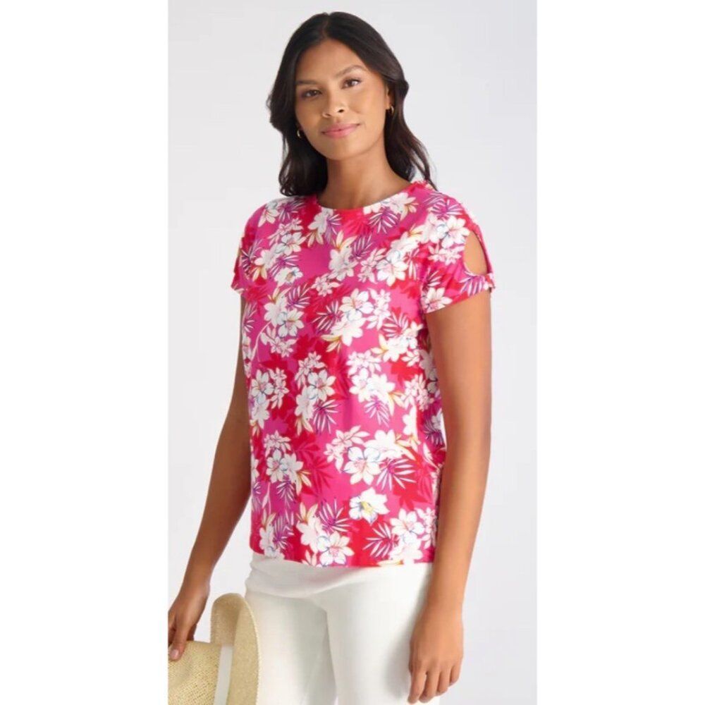 Island Collection Stella Parker Shirt Women M Floral Hawaiian Knot Keyhole Sleev